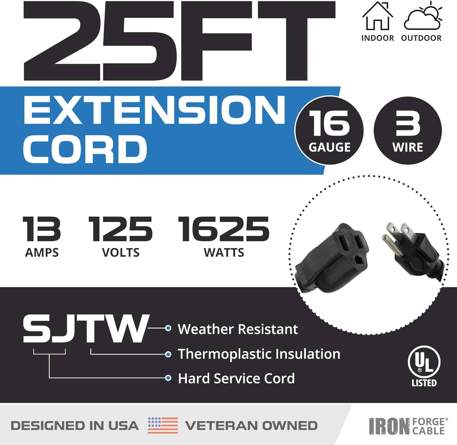 Iron Forge Cable 2 Pack 25 Ft Extension Cord, 1 63 Black 25 Foot Extension Cord Indoor Outdoor Use, 3 Prong Multipack Weatherproof Extension Cord Gr 3