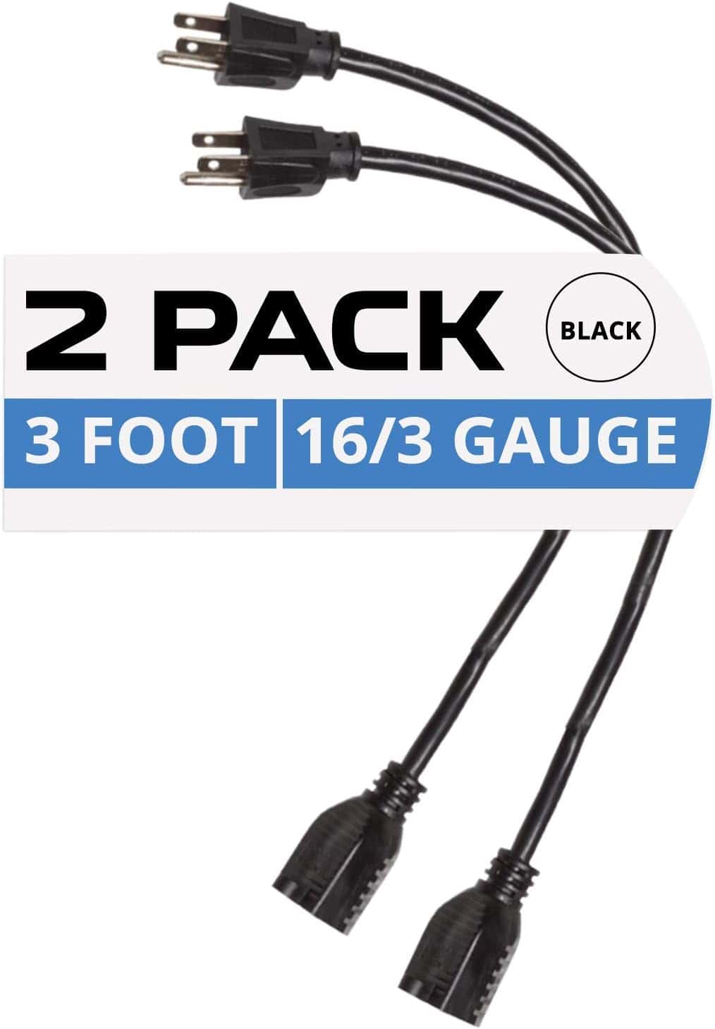 Iron Forge Cable 2 Pack Extension Cord 3 Feet 16 AWG 3 Foot Black Extension Cord Indoor Outdoor Use 3 Prong Multipack Weatherproof Exterior Extension Cord Great for Gardens Landscaping Lawn Mower 1
