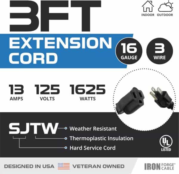 Iron-Forge-Cable-2-Pack-Extension-Cord-3-Feet-16-AWG-3-Foot-Black-Extension-Cord-Indoor-Outdoor-Use-3-Prong-Multipack-Weatherproof-Exterior-Extension-Cord-Great-for-Gardens-Landscaping-Lawn-Mower