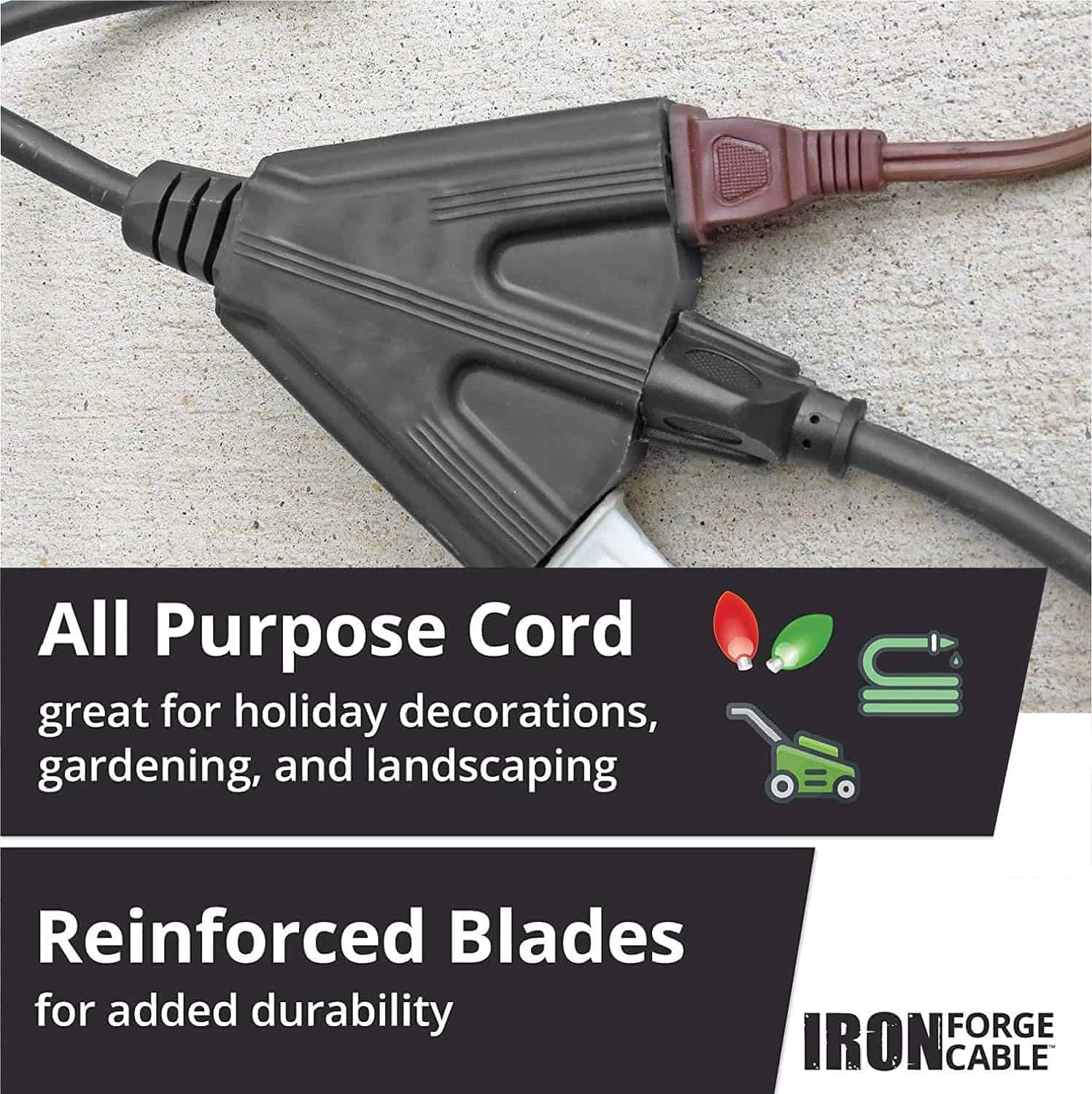 Iron Forge Cable 3 Outlet Extension Cord 10 Ft, SJTOW 14 Gauge Heavy Duty Extension Cord with Multiple Outlets 10ft, Oil Resistant & Flame Retardant 3 Way Black Electrical Cord for Outdoor, 15 AMP 3