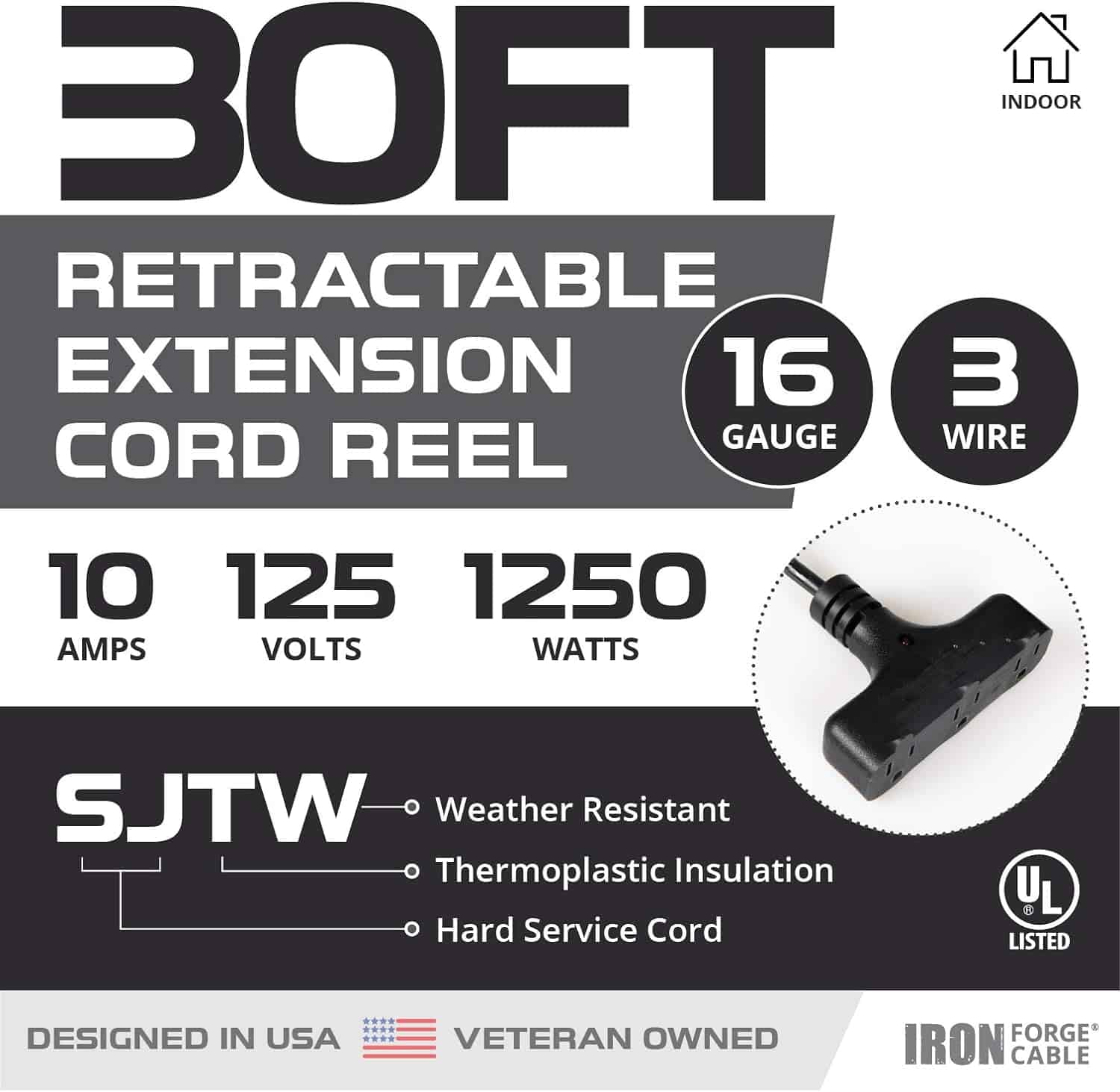 Iron Forge Cable 30 Ft Retractable Extension Cord Reel with Breaker Switch & 3 Outlets Pigtail, Metal Plate Ceiling Wall Mount Hanging Extension Cord Reel 16 3 SJTW Retractable Cable for Garage & Shop 2