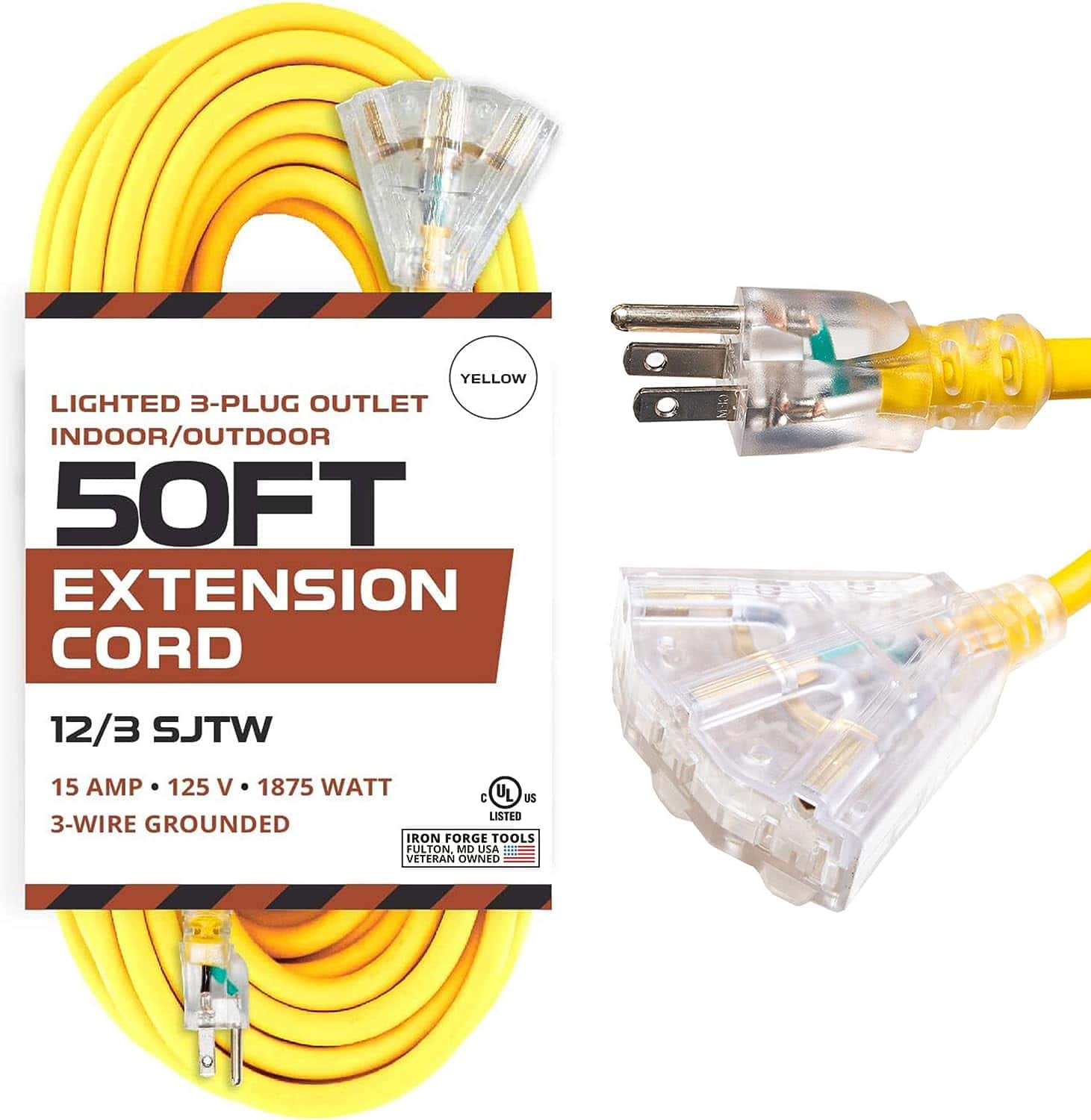 Iron Forge Cable 50 Foot Lighted Outdoor Extension Cord with 3 Electrical Power Outlets – 12 3 SJTW Heavy Duty Yellow Extension Cable with 3 Prong Grounded Plug for Safety 15 AMP 1