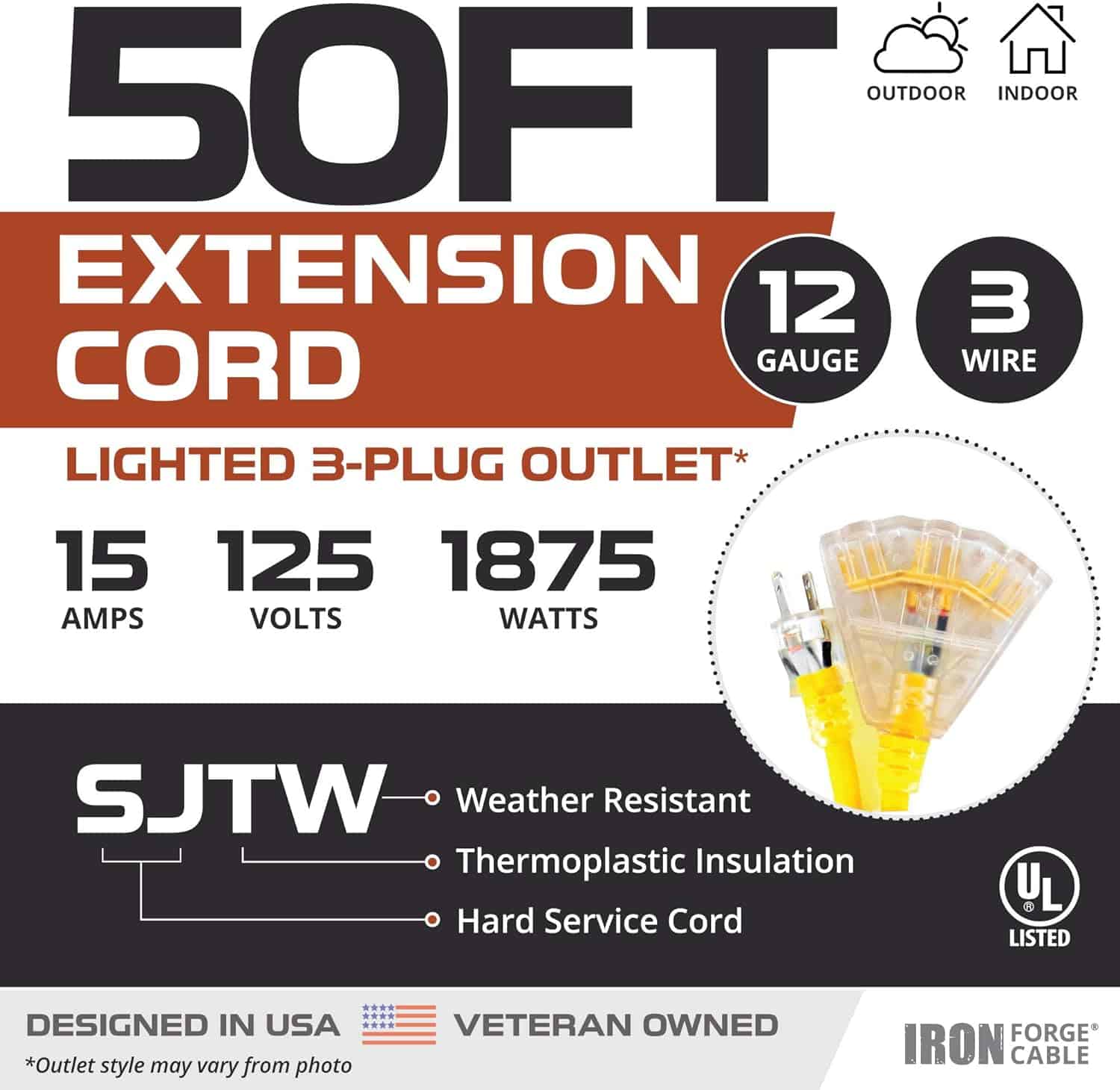 Iron Forge Cable 50 Foot Lighted Outdoor Extension Cord with 3 Electrical Power Outlets – 12 3 SJTW Heavy Duty Yellow Extension Cable with 3 Prong Grounded Plug for Safety 15 AMP 2