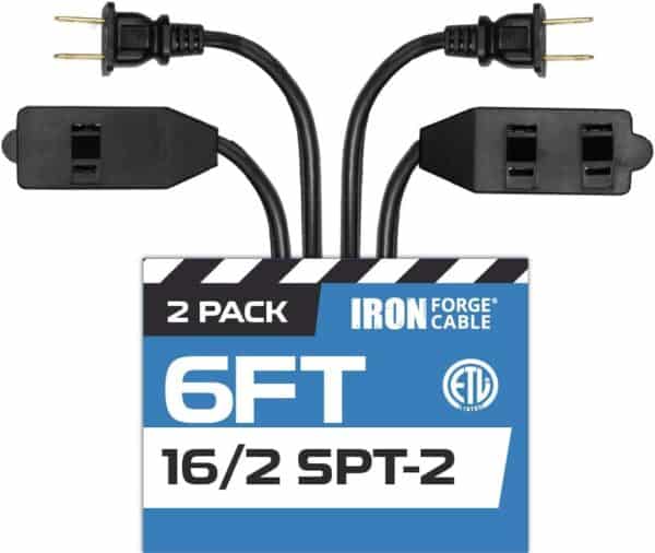 Iron-Forge-Cable-6-Ft-Black-Extension-Cord-with-3-Outlets-16-2-Indoor-Extension-Cord-with-Multiple-Outlets-13-AMP-2-Prong-Electrical-Cable-for-Home-Office-Household-Appliances
