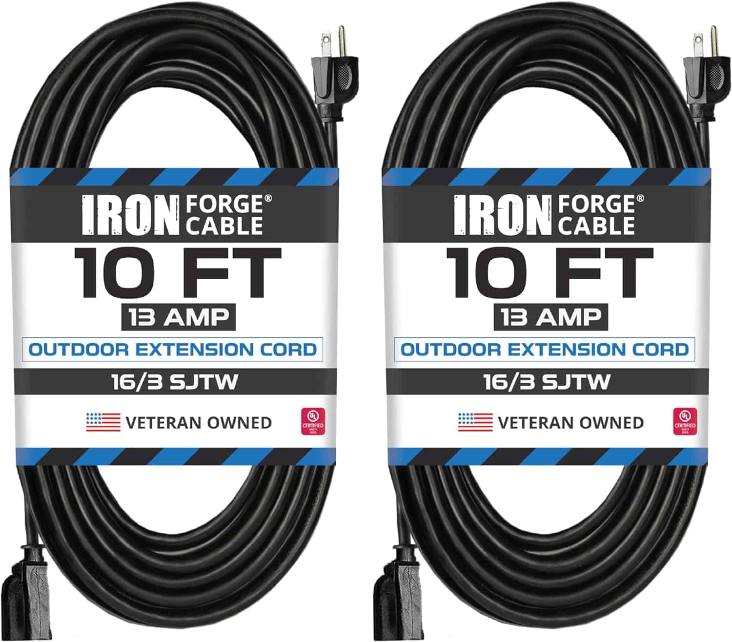 Iron Forge Cable Black Extension Cord 10 Ft, 2 Pack, 16 3 Outdoor Extension Cord 3 Prong 13 AMP, SJTW Weatherproof Exterior Power Cable 10 Foot Great for Outdoor Lights Decoration Leaf Blower 1
