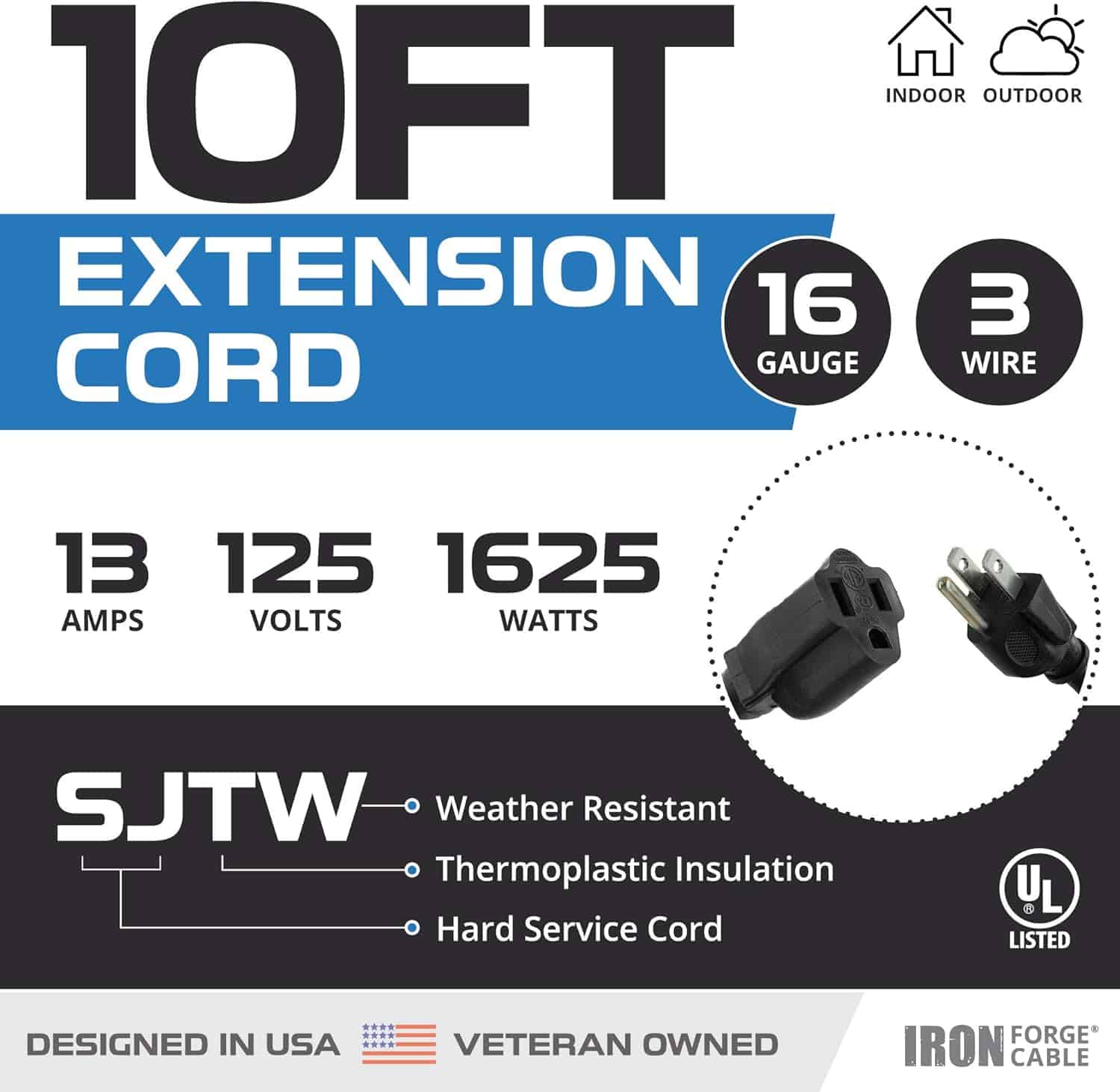 Iron Forge Cable Black Extension Cord 10 Ft, 2 Pack, 16 3 Outdoor Extension Cord 3 Prong 13 AMP, SJTW Weatherproof Exterior Power Cable 10 Foot Great for Outdoor Lights Decoration Leaf Blower 3