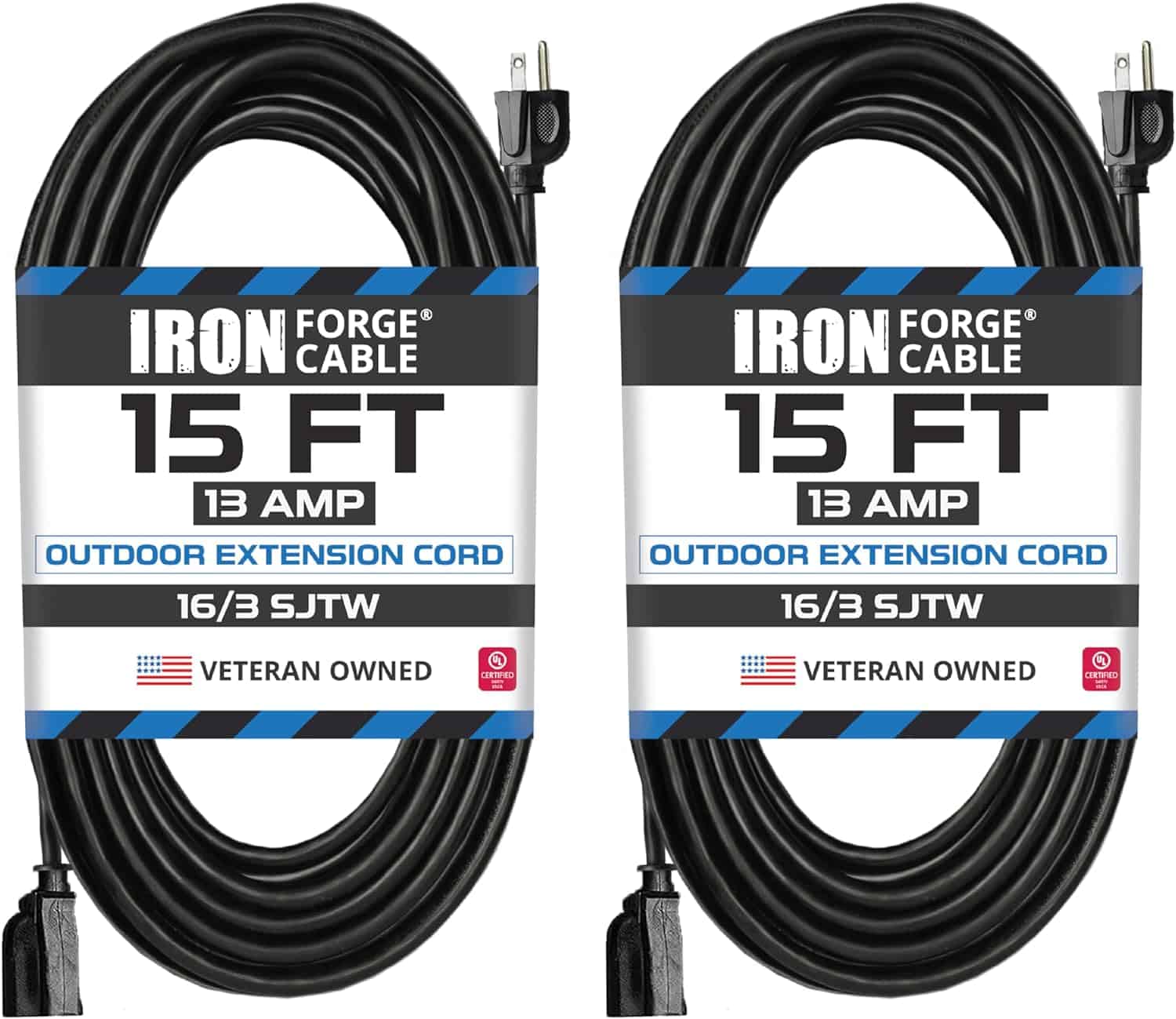 Iron Forge Cable Black Extension Cord 2 Pack 15 Ft, 16 3 Black 15 Ft Extension Cord Indoor Outdoor Use, 3 Prong Weatherproof Exterior Extension Cord 1