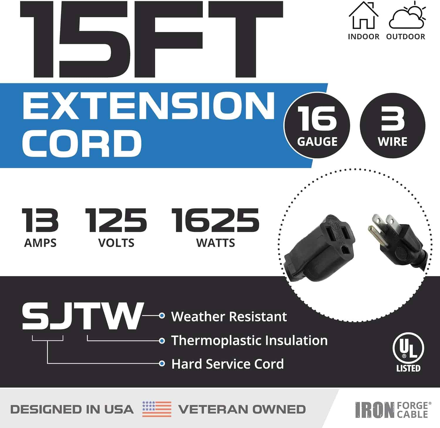 Iron Forge Cable Black Extension Cord 2 Pack 15 Ft, 16 3 Black 15 Ft Extension Cord Indoor Outdoor Use, 3 Prong Weatherproof Exterior Extension Cord 2
