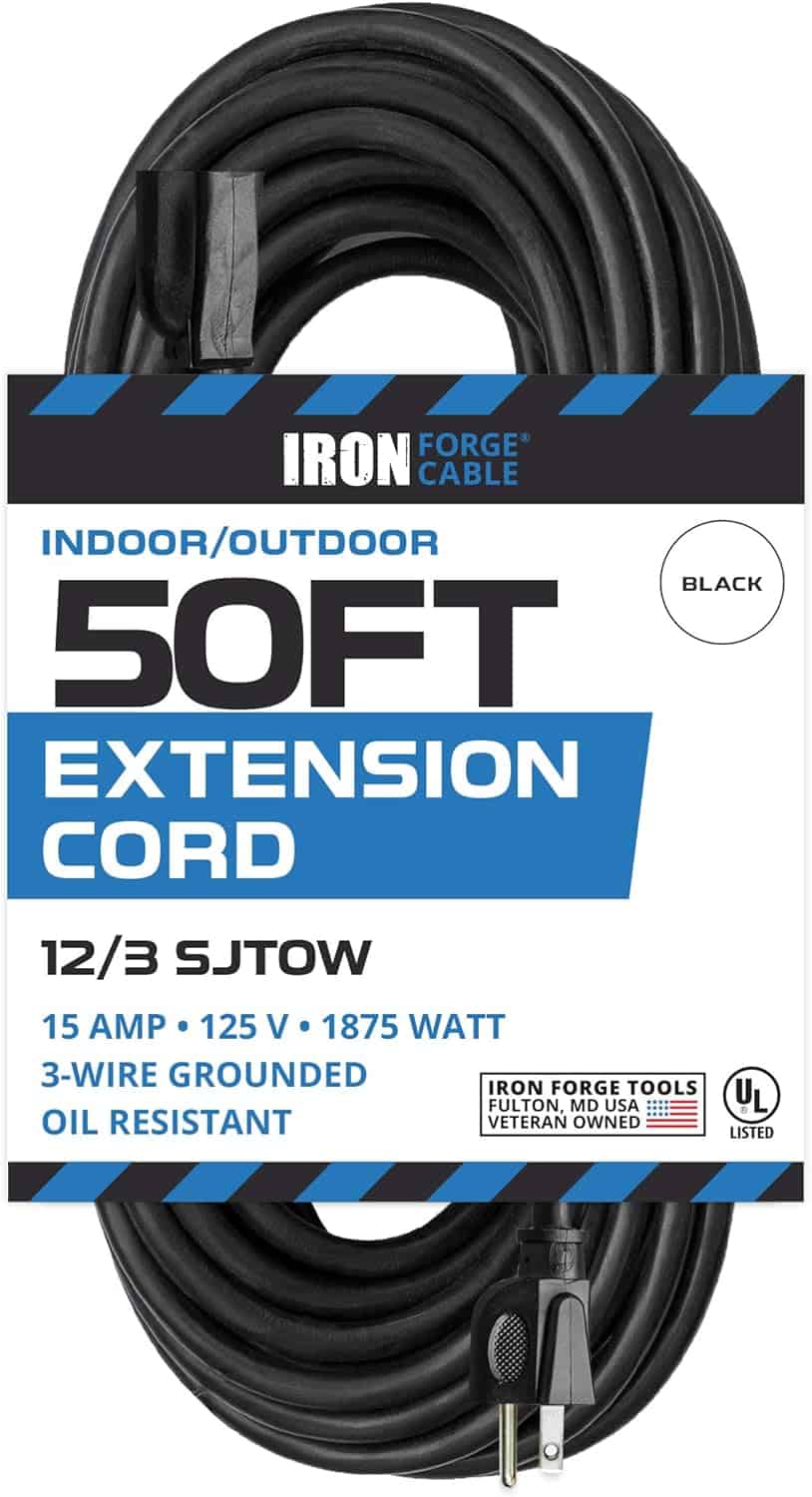 Iron Forge Cable Black Extension Cord 50 Ft Oil Resistant for Farms and Ranches – 12 3 SJTOW Heavy Duty Outdoor Extension Cord with 3 Prong Plug for Safety, 15 AMP Power Cable for Heavy Appliances 1