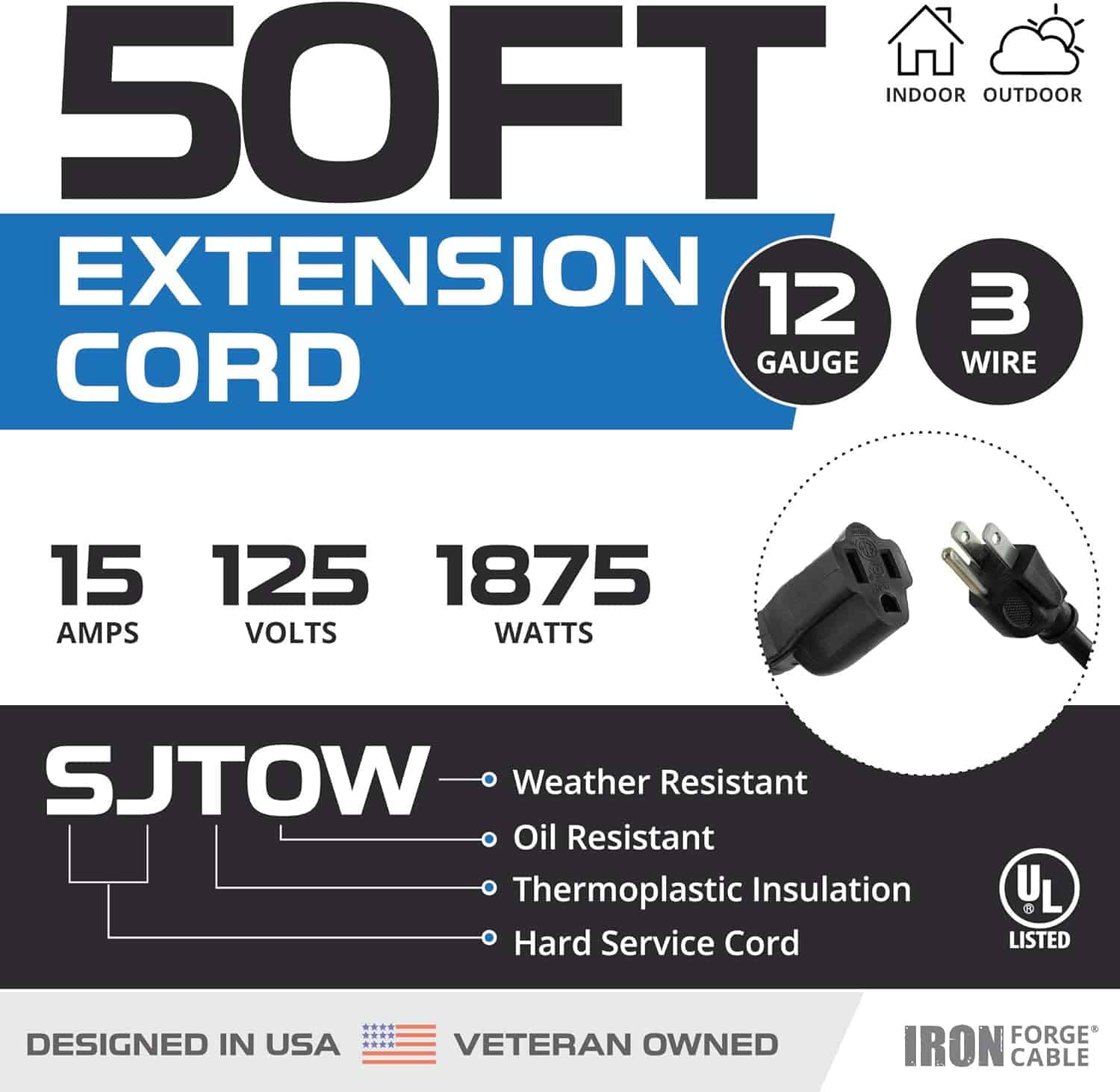Iron Forge Cable Black Extension Cord 50 Ft Oil Resistant for Farms and Ranches – 12 3 SJTOW Heavy Duty Outdoor Extension Cord with 3 Prong Plug for Safety, 15 AMP Power Cable for Heavy Appliances 2