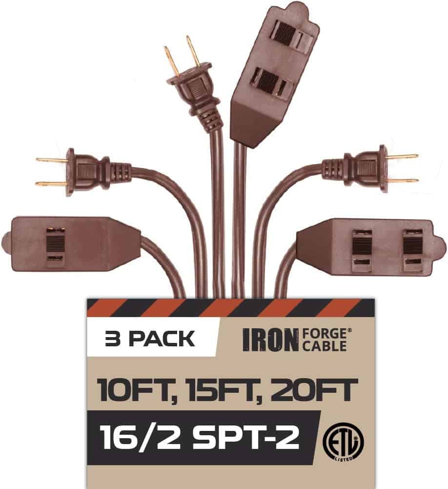 Iron Forge Cable Brown Extension Cord with 3 Outlets 3 Pack, 10ft 15ft & 20ft, 16 2 Indoor Extension Cord with Multiple Outlets 13 AMP 2 Prong Electrical Cable for Home Office Household Appliances 1