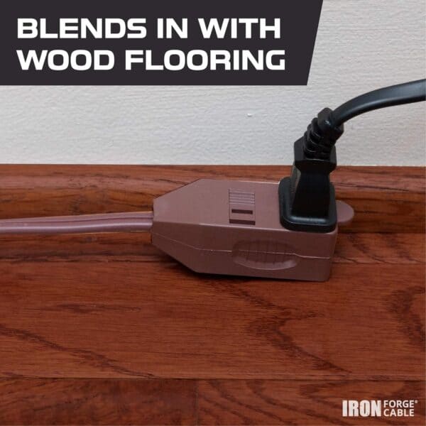 A Iron Forge Cable Brown Extension Cord with 3 Outlets 3 Pack, 10ft 15ft & 20ft, 16/2 Indoor Extension Cord with Multiple Outlets, 13 AMP 2 Prong Electrical Cable for Home, Office, Household Appliances and cable on a wood floor with text stating "blends in with wood flooring" and the iron forge cable logo.