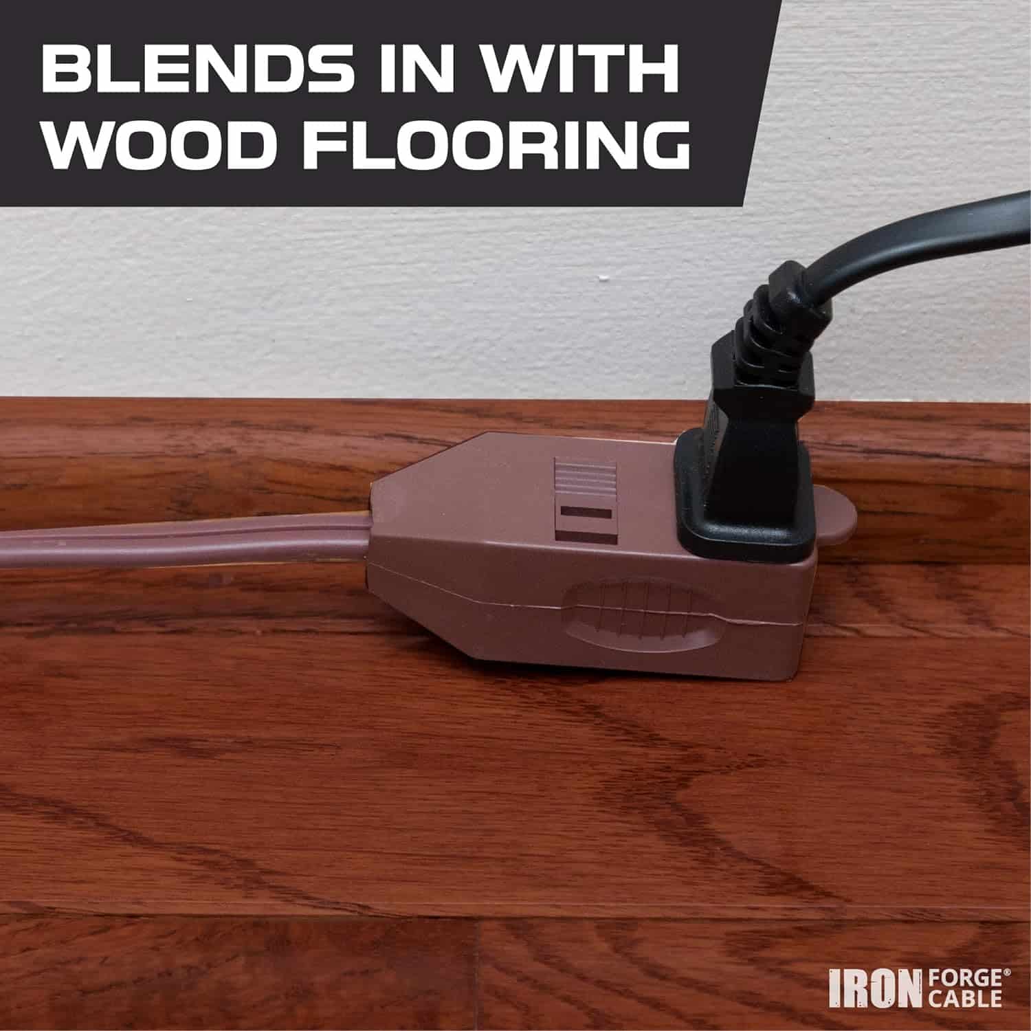 A Iron Forge Cable Brown Extension Cord with 3 Outlets 3 Pack, 10ft 15ft & 20ft, 16/2 Indoor Extension Cord with Multiple Outlets, 13 AMP 2 Prong Electrical Cable for Home, Office, Household Appliances and cable on a wood floor with text stating “blends in with wood flooring” and the iron forge cable logo.