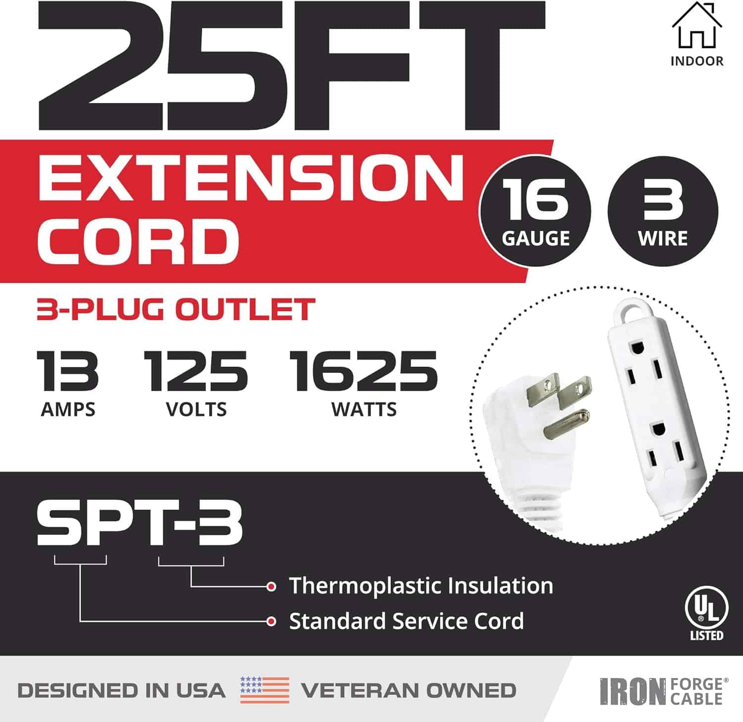 Iron-Forge-Cable-Flat-Plug-White-Extension-Cord-with-3-Outlets-25-Ft16-3-Heavy-Duty-3-Prong-Extension-Cord-with-Multiple-Outlets-Power-Outlet-for-Home-Garage-Workshop-16-AWG-Indoor-Extension-Cord