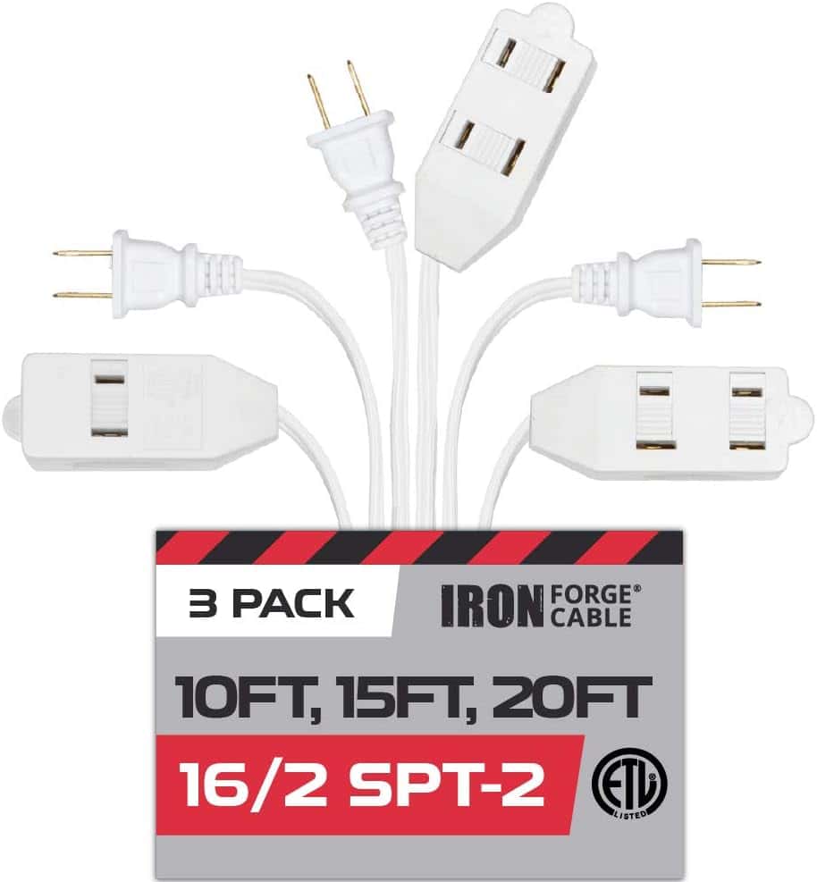 Iron Forge Cable White Extension Cord 3 Pack,10ft 15ft & 20ft, 16 2 Indoor Extension Cord with Multiple Outlets 13 AMP 2 Prong Electrical Cable for Home Office Household Appliances 1