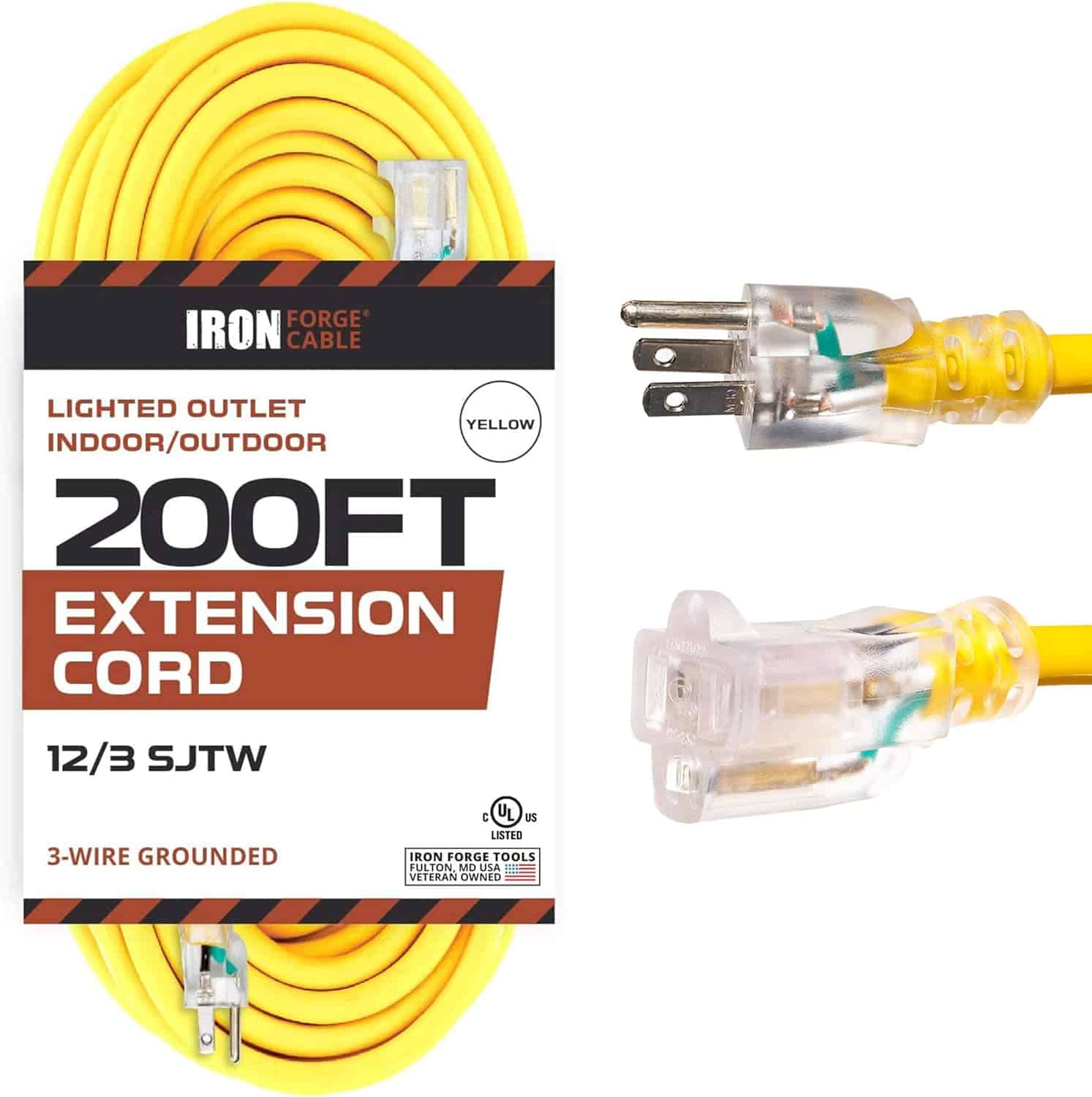 Iron Forge Heavy Duty Extension Cord, 200 ft Extension Cord Outdoor with 3 Prong Lighted End, 12 Gauge Extension Cord 200′ Construction Grade Great for Major Appliances & Generator – US Veteran Owned 1