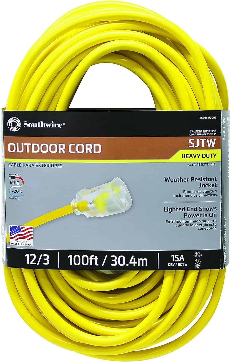Southwire 25890002 2589SW0002 Outdoor Cord-12 3 SJTW Heavy Duty 3 Prong Extension Cord, Water Resistant Vinyl Jacket, for Commercial Use and Major Appliances, Foot, Yellow, 100 Feet, Ft 5