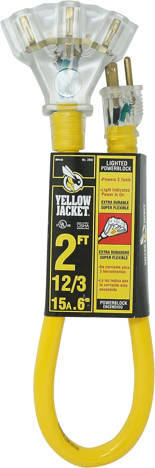 Yellow-Jacket-2882-12-3-Heavy-Duty-15-Amp-125-Volts-1875-Watts-Premium-SJTW-Contractor-Grade-3-Outlet-Extension-Cord-with-Lighted-End-2-Feet-Yellow-UL-Listed-2-Foot…