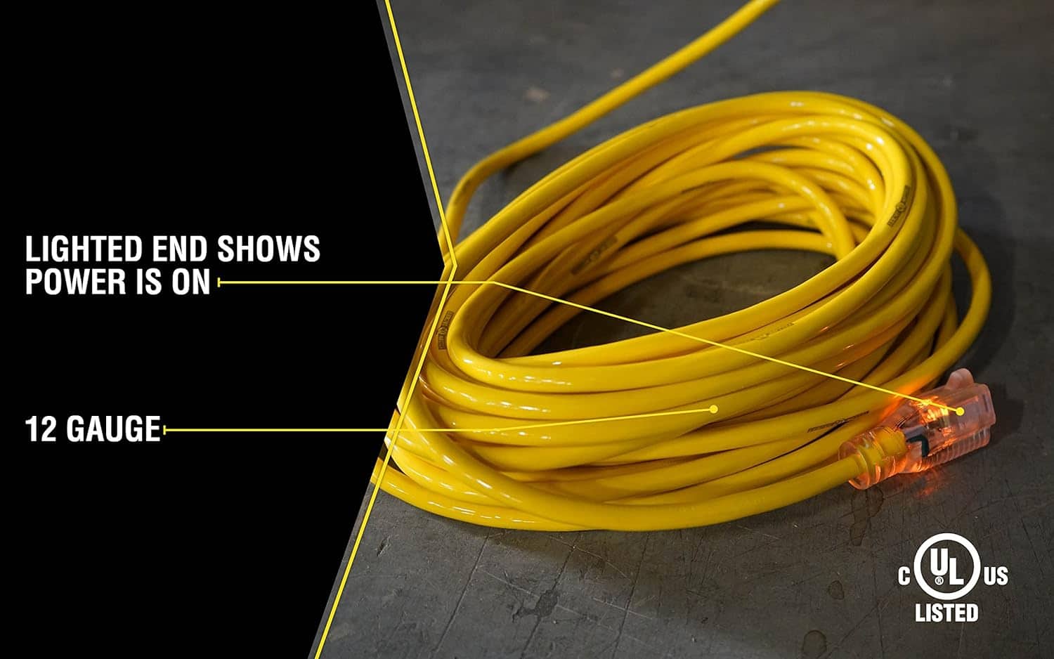 Yellow Jacket 2884 12 3 Heavy-Duty 15-Amp SJTW Contractor Extension Cord with Lighted Ends, Ideal for Heavy Duty Equipment and Tools Durable Clear Molded Plugs High Gloss Yellow Jacket 50-Feet 4