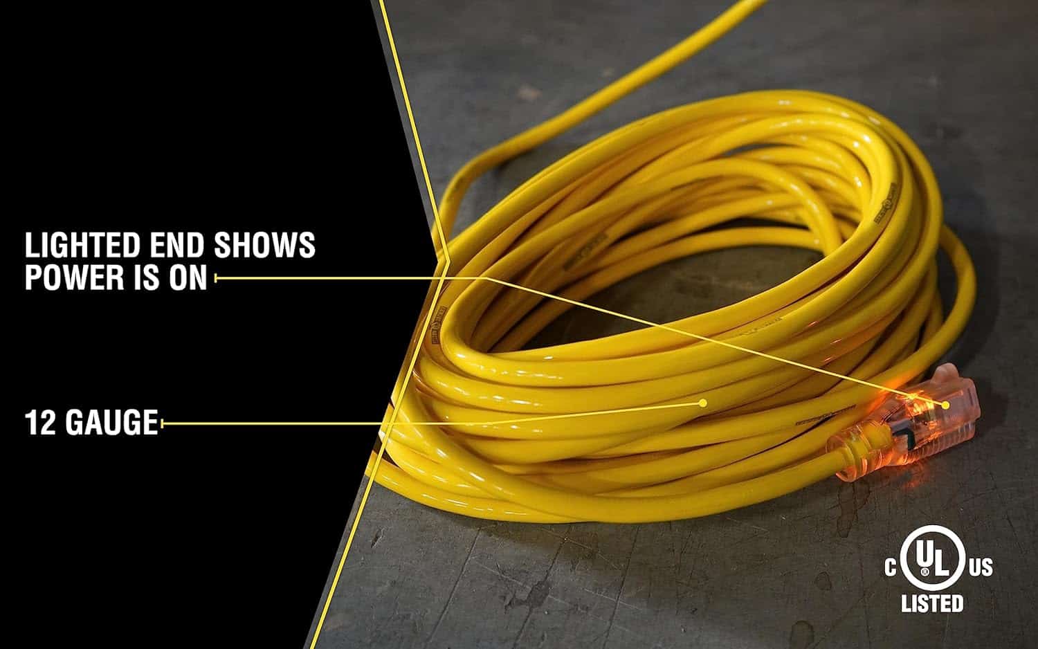Yellow Jacket 2885 12 3 Heavy-Duty 15-Amp Premium SJTW Contractor Extension Cord with Lighted End, Ideal use With Heavy Duty Equipment and Tools Durable Molded Plugs 100 Feet Yellow 2